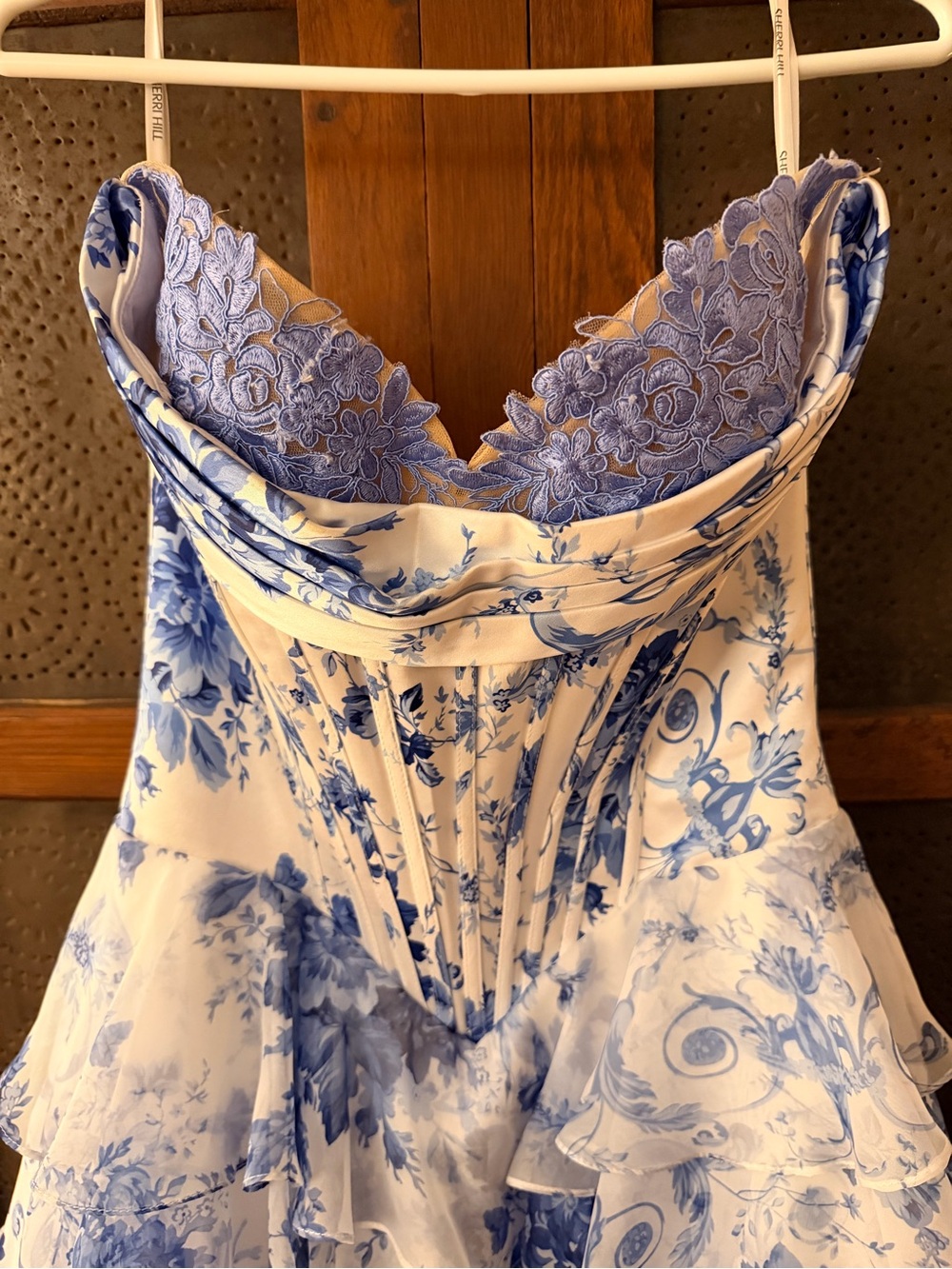 Sherri Hill 57250 Strapless Blue Toile Ruffle Prom Gown. - Picture 6 of 9